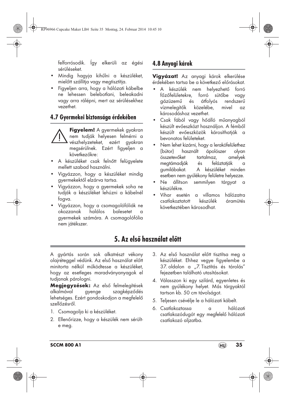 Az első használat előtt, 7 gyermekei biztonsága érdekében, 8 anyagi károk | Silvercrest SCCM 800 A1 User Manual | Page 37 / 102