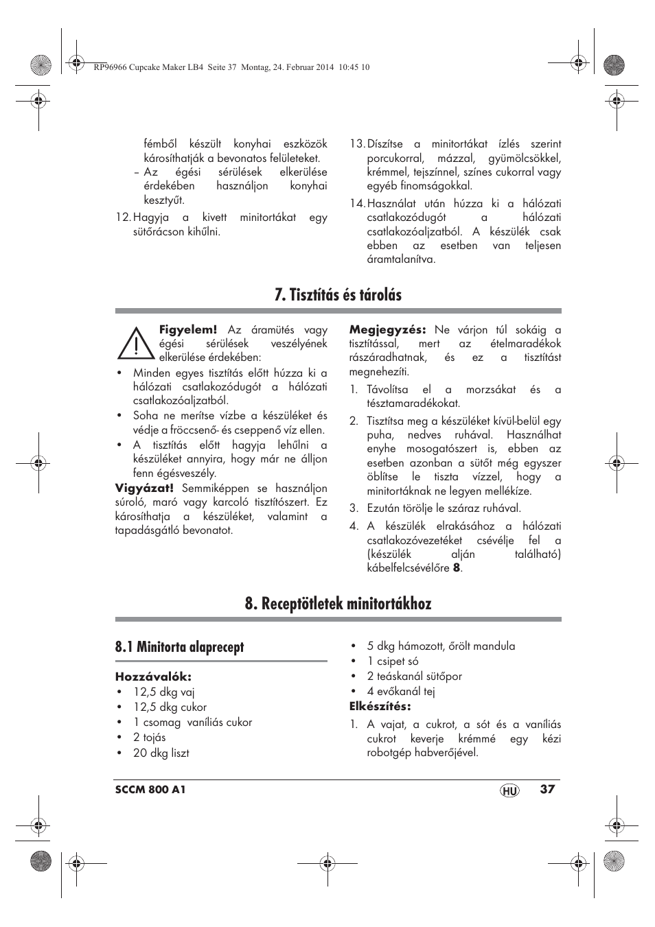 Tisztítás és tárolás, Receptötletek minitortákhoz, 1 minitorta alaprecept | Silvercrest SCCM 800 A1 User Manual | Page 39 / 102