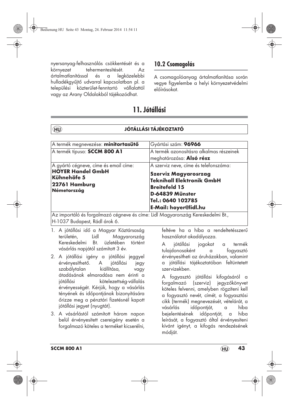 Jótállási, 2 csomagolás | Silvercrest SCCM 800 A1 User Manual | Page 45 / 102