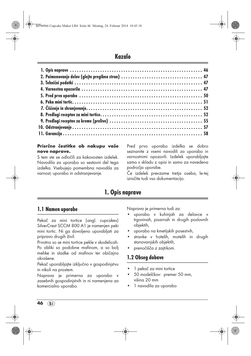 Kazalo, Opis naprave, 1 namen uporabe | 2 obseg dobave | Silvercrest SCCM 800 A1 User Manual | Page 48 / 102