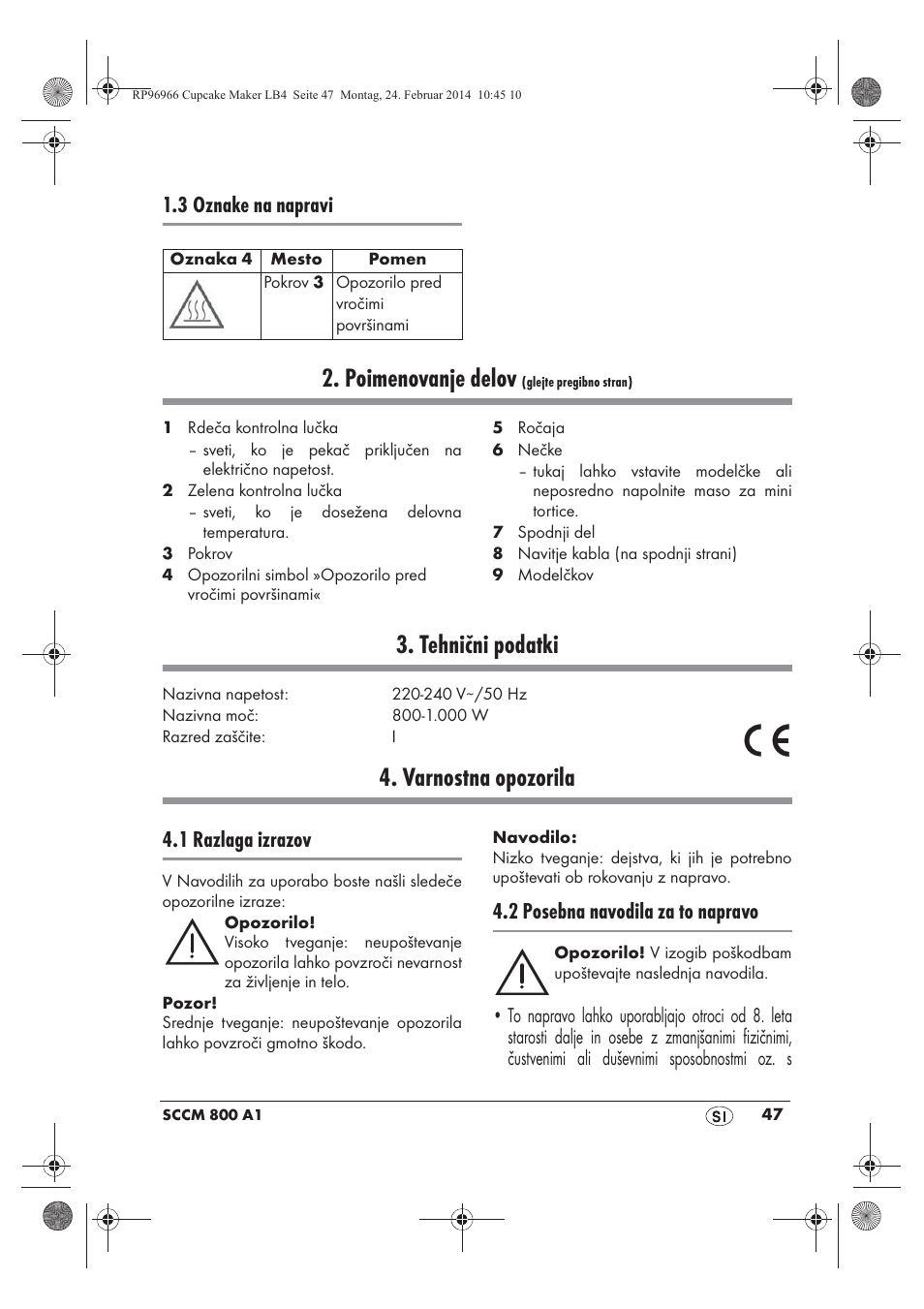 Poimenovanje delov, Tehnični podatki, Varnostna opozorila | 3 oznake na napravi, 1 razlaga izrazov, 2 posebna navodila za to napravo | Silvercrest SCCM 800 A1 User Manual | Page 49 / 102