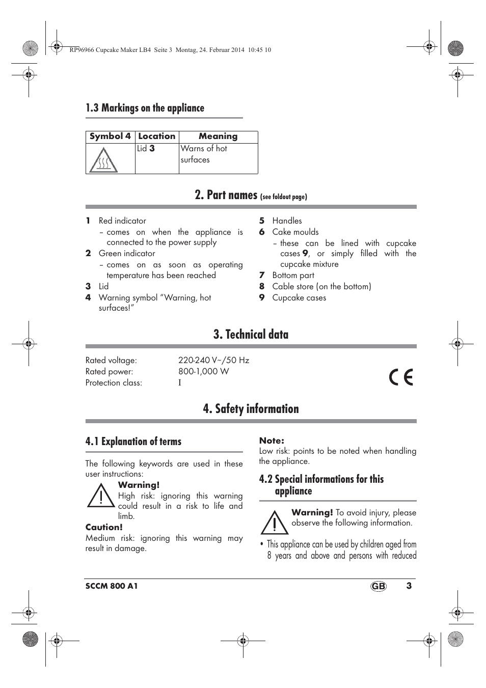 Part names, Technical data, Safety information | 3 markings on the appliance, 1 explanation of terms, 2 special informations for this appliance | Silvercrest SCCM 800 A1 User Manual | Page 5 / 102