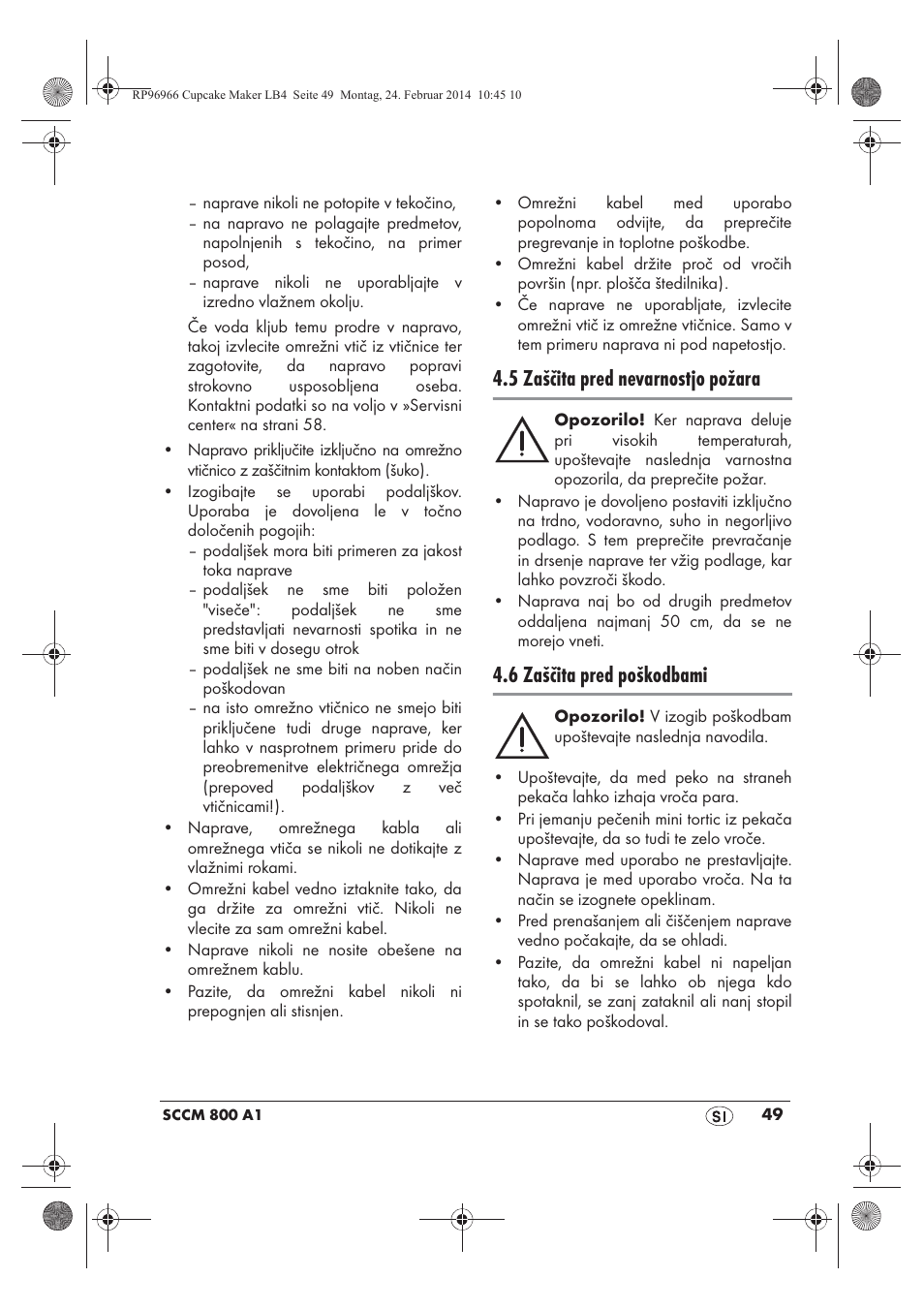 5 zaščita pred nevarnostjo požara, 6 zaščita pred poškodbami | Silvercrest SCCM 800 A1 User Manual | Page 51 / 102