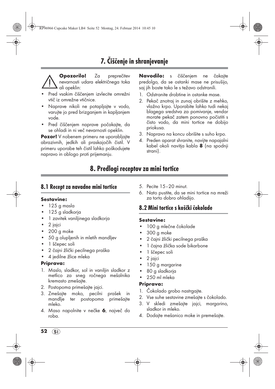 Čiščenje in shranjevanje, Predlogi receptov za mini tortice, 1 recept za navadne mini tortice | 2 mini tortice s koščki čokolade | Silvercrest SCCM 800 A1 User Manual | Page 54 / 102