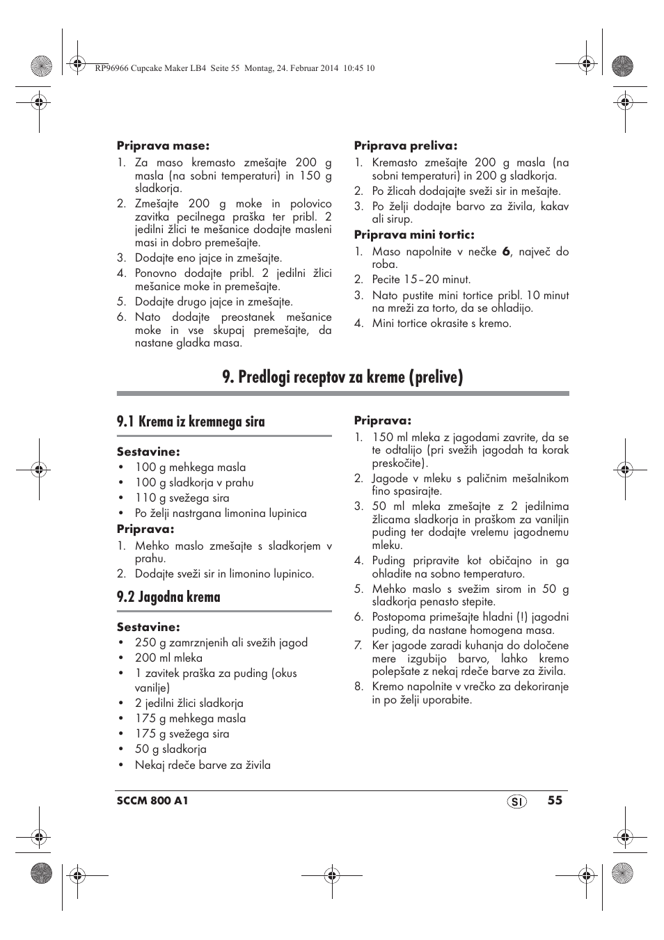 Predlogi receptov za kreme (prelive), 1 krema iz kremnega sira, 2 jagodna krema | Silvercrest SCCM 800 A1 User Manual | Page 57 / 102