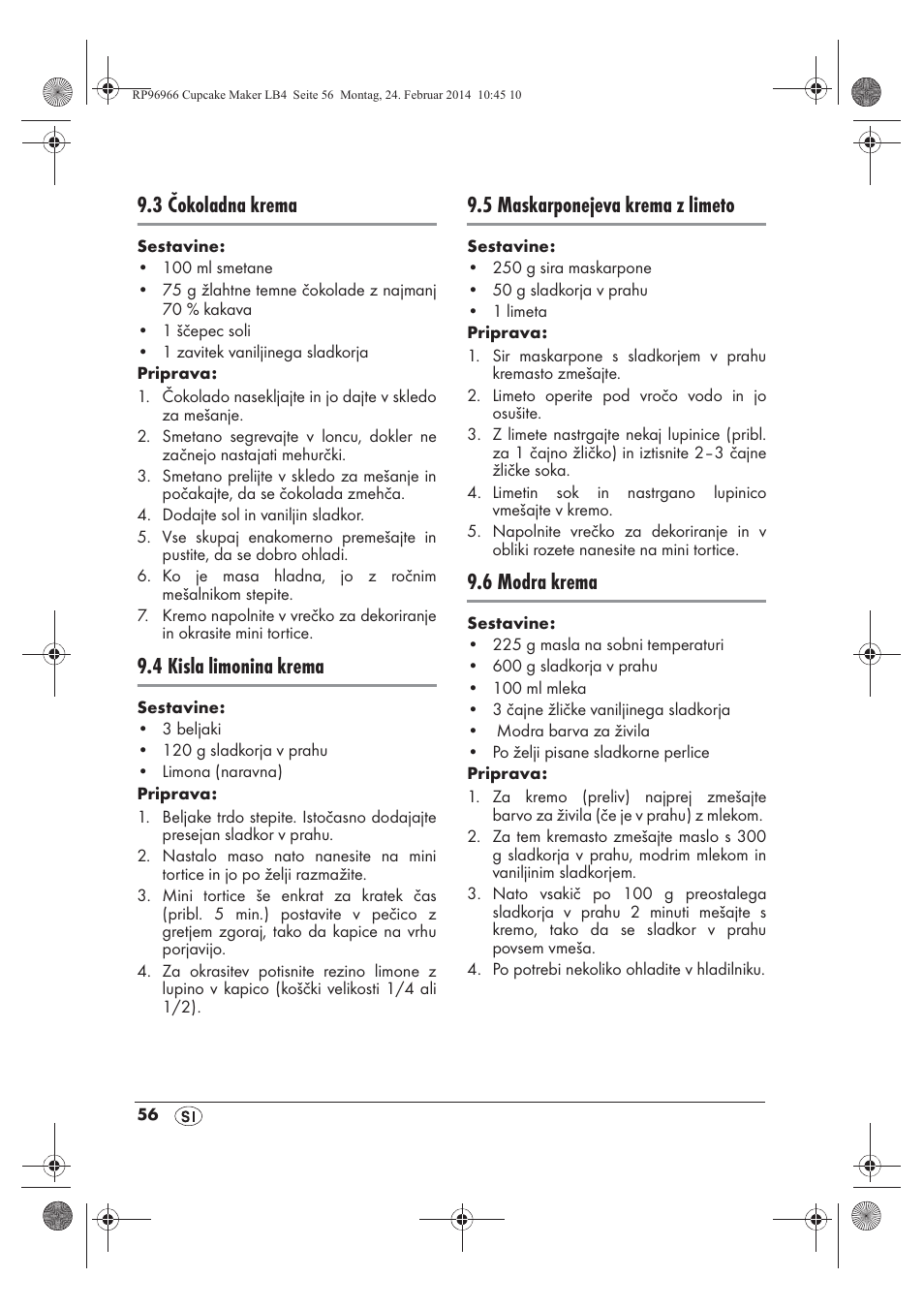 3 čokoladna krema, 4 kisla limonina krema, 5 maskarponejeva krema z limeto | 6 modra krema | Silvercrest SCCM 800 A1 User Manual | Page 58 / 102