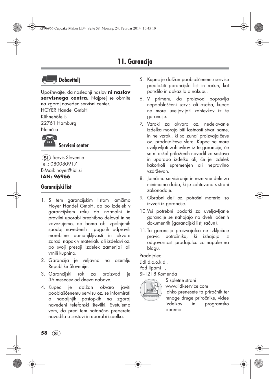 Garancija, Dobavitelj, Servisni center | Garancijski list | Silvercrest SCCM 800 A1 User Manual | Page 60 / 102