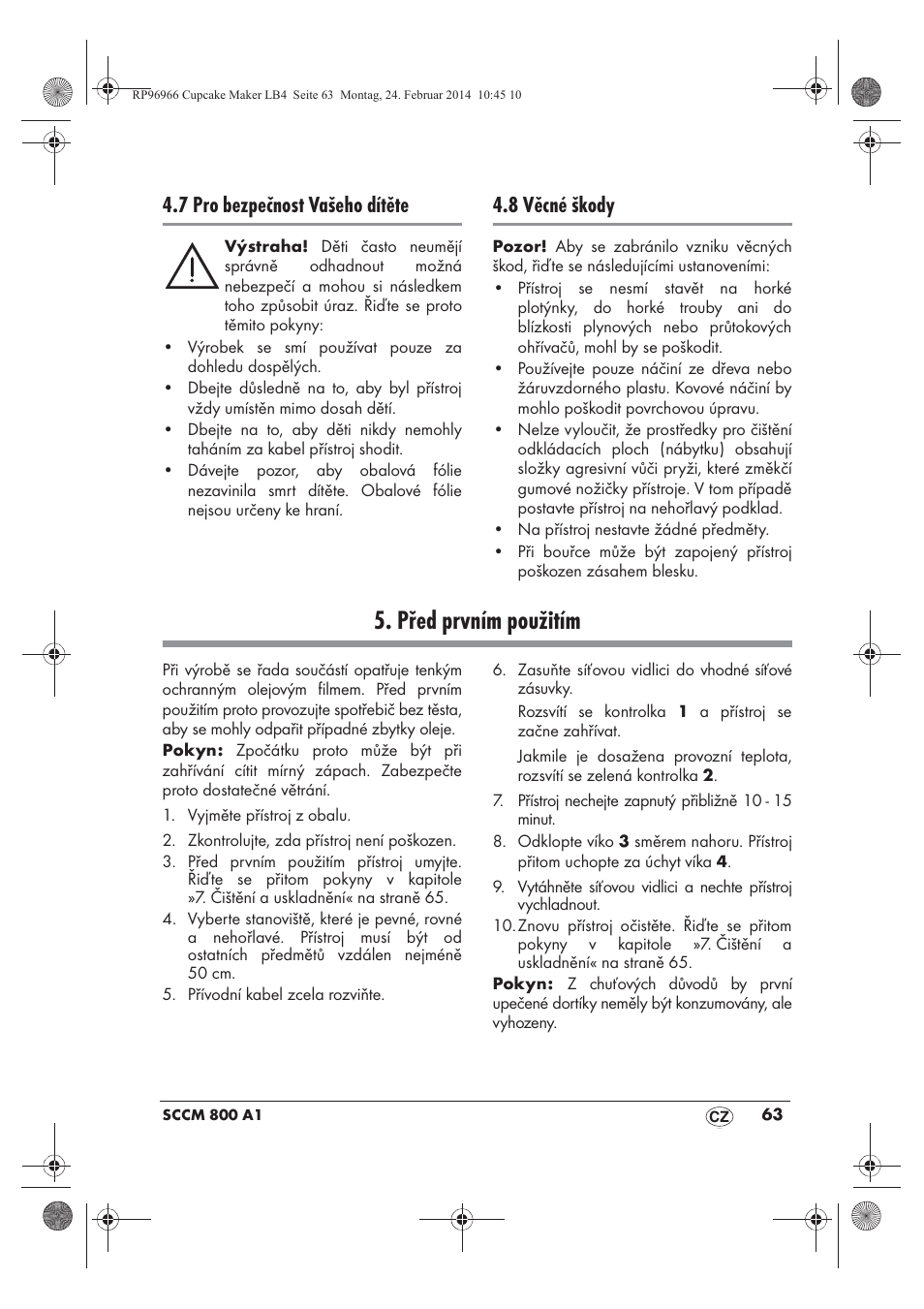 Před prvním použitím, 7 pro bezpečnost vašeho dítěte, 8 věcné škody | Silvercrest SCCM 800 A1 User Manual | Page 65 / 102