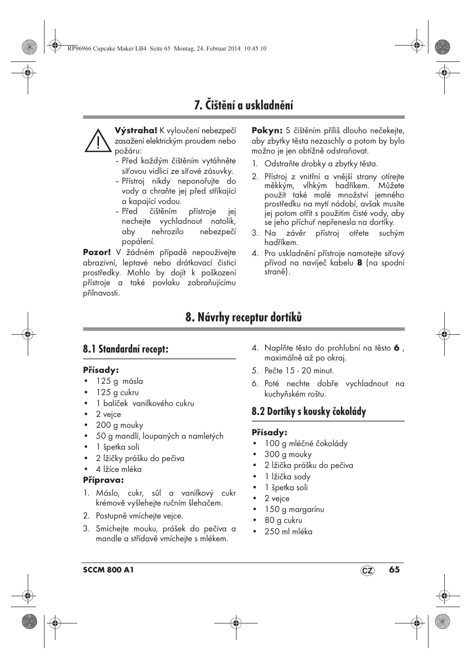 Čištění a uskladnění, Návrhy receptur dortíků, 1 standardní recept | 2 dortíky s kousky čokolády | Silvercrest SCCM 800 A1 User Manual | Page 67 / 102