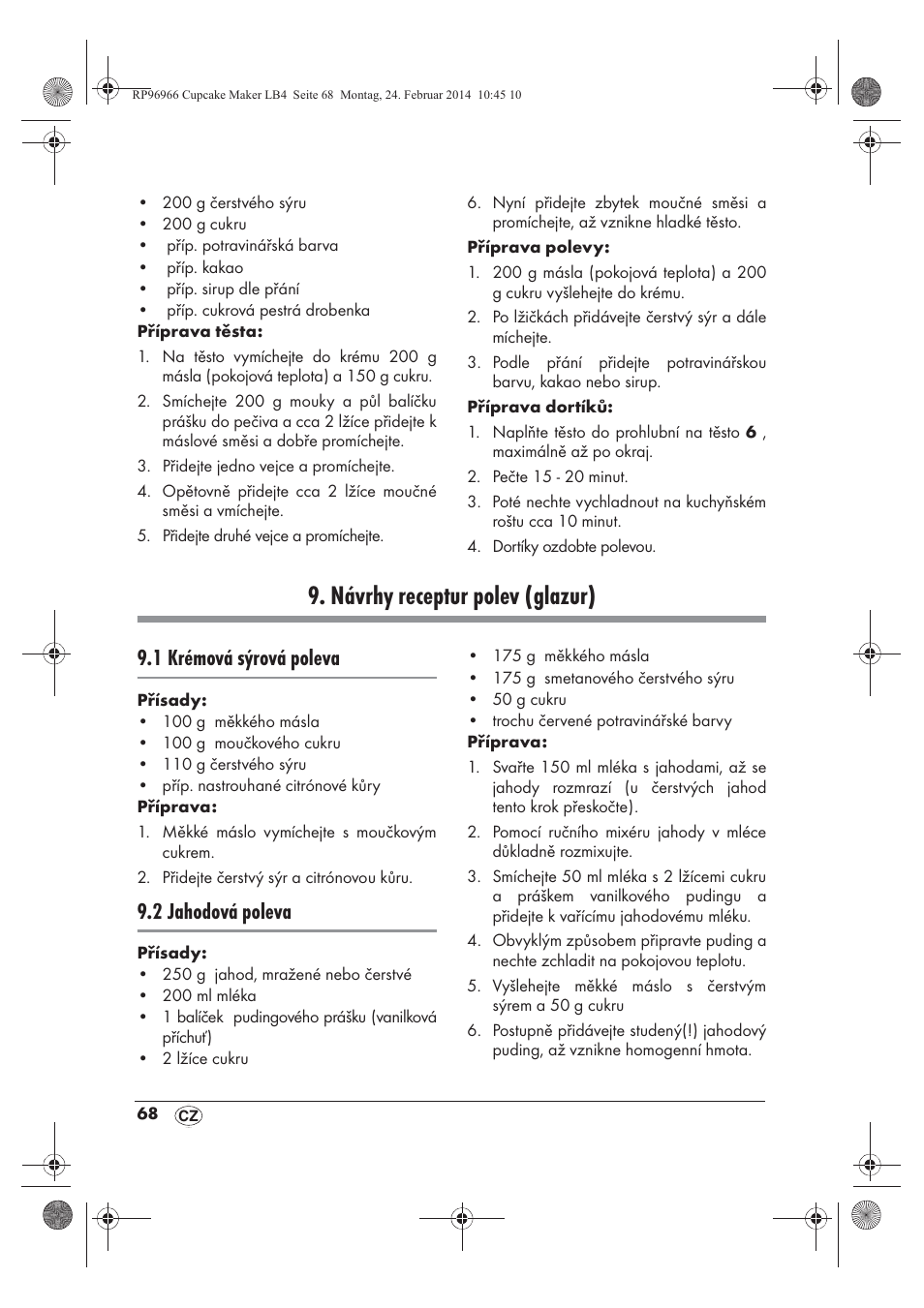 Návrhy receptur polev (glazur), 1 krémová sýrová poleva, 2 jahodová poleva | Silvercrest SCCM 800 A1 User Manual | Page 70 / 102