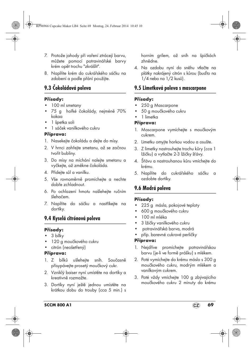 3 čokoládová poleva, 4 kyselá citrónová poleva, 5 limetková poleva s mascarpone | 6 modrá poleva | Silvercrest SCCM 800 A1 User Manual | Page 71 / 102