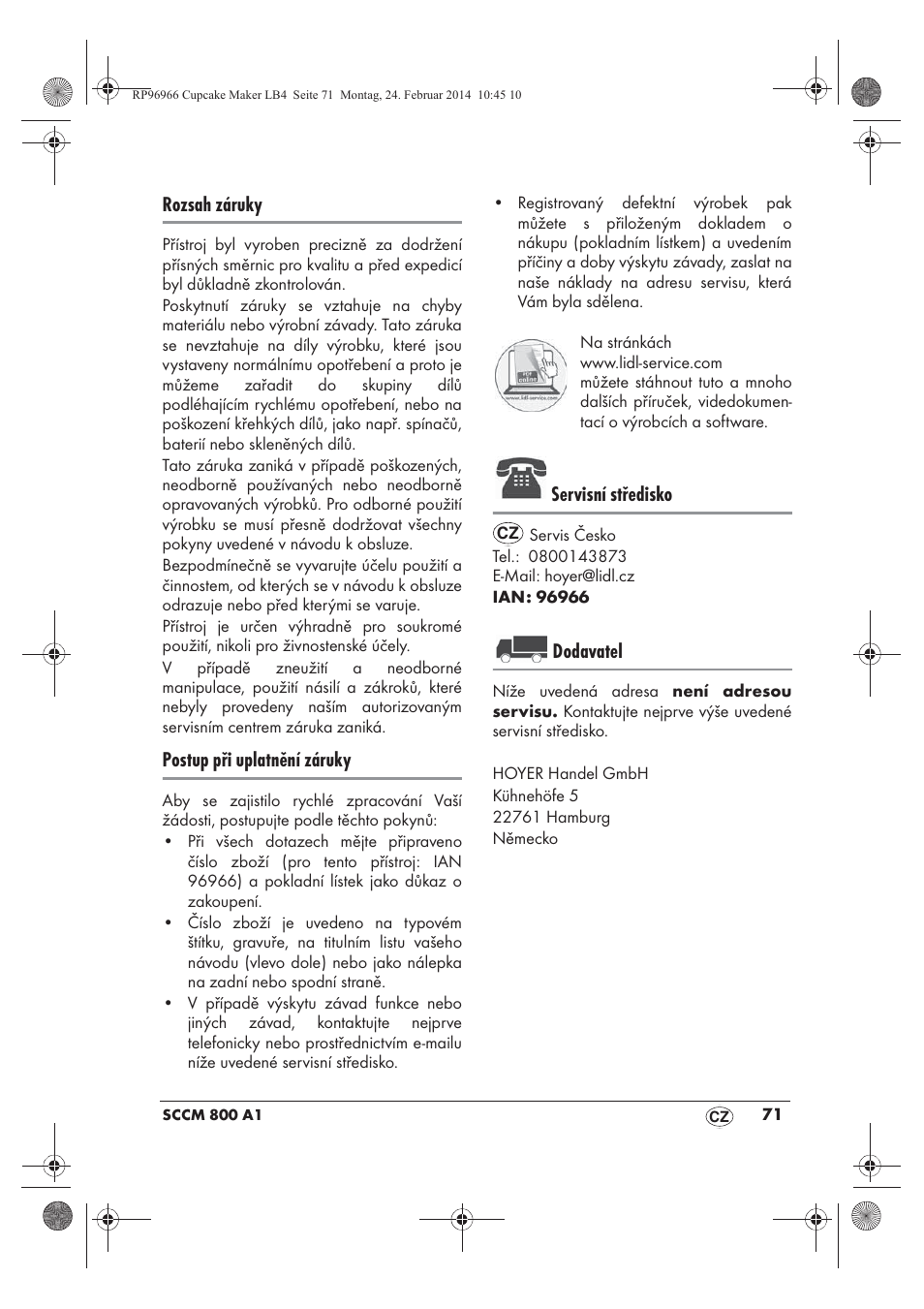 Rozsah záruky, Postup při uplatnění záruky, Servisní středisko | Dodavatel | Silvercrest SCCM 800 A1 User Manual | Page 73 / 102