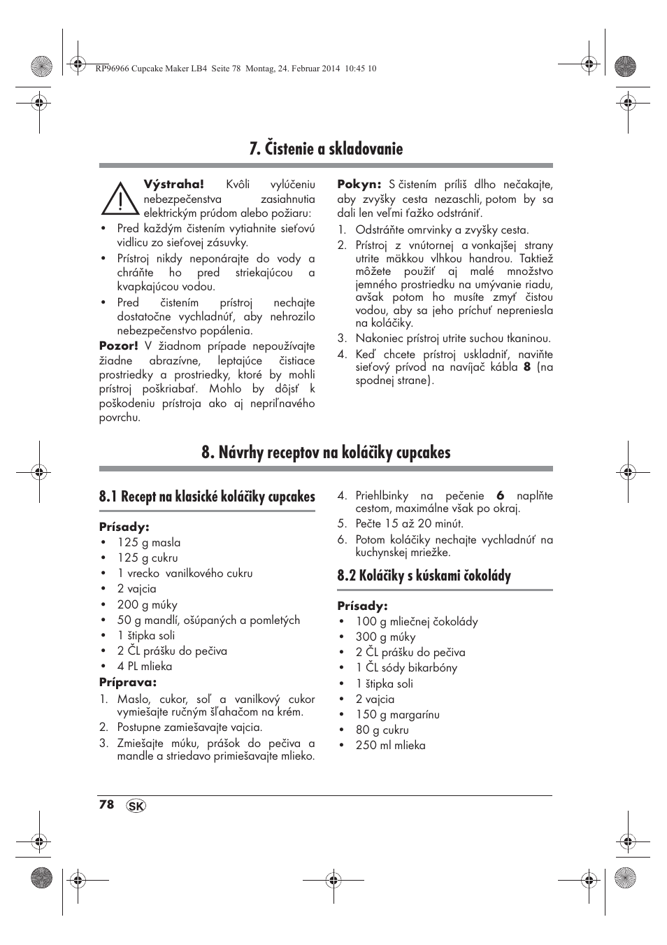 Čistenie a skladovanie, Návrhy receptov na koláčiky cupcakes, 1 recept na klasické koláčiky cupcakes | 2 koláčiky s kúskami čokolády | Silvercrest SCCM 800 A1 User Manual | Page 80 / 102