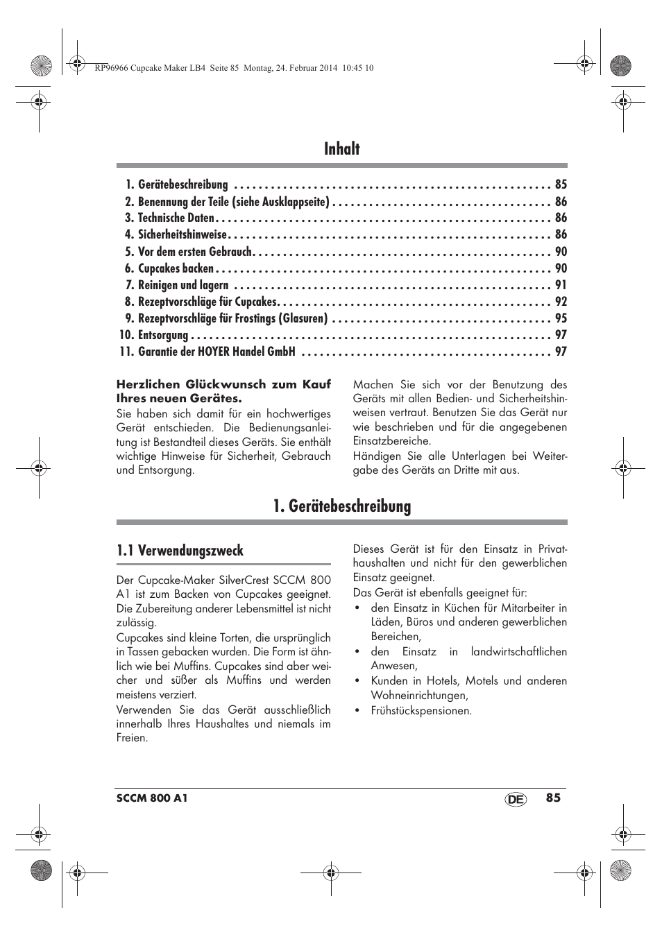 Inhalt, Gerätebeschreibung, 1 verwendungszweck | Silvercrest SCCM 800 A1 User Manual | Page 87 / 102