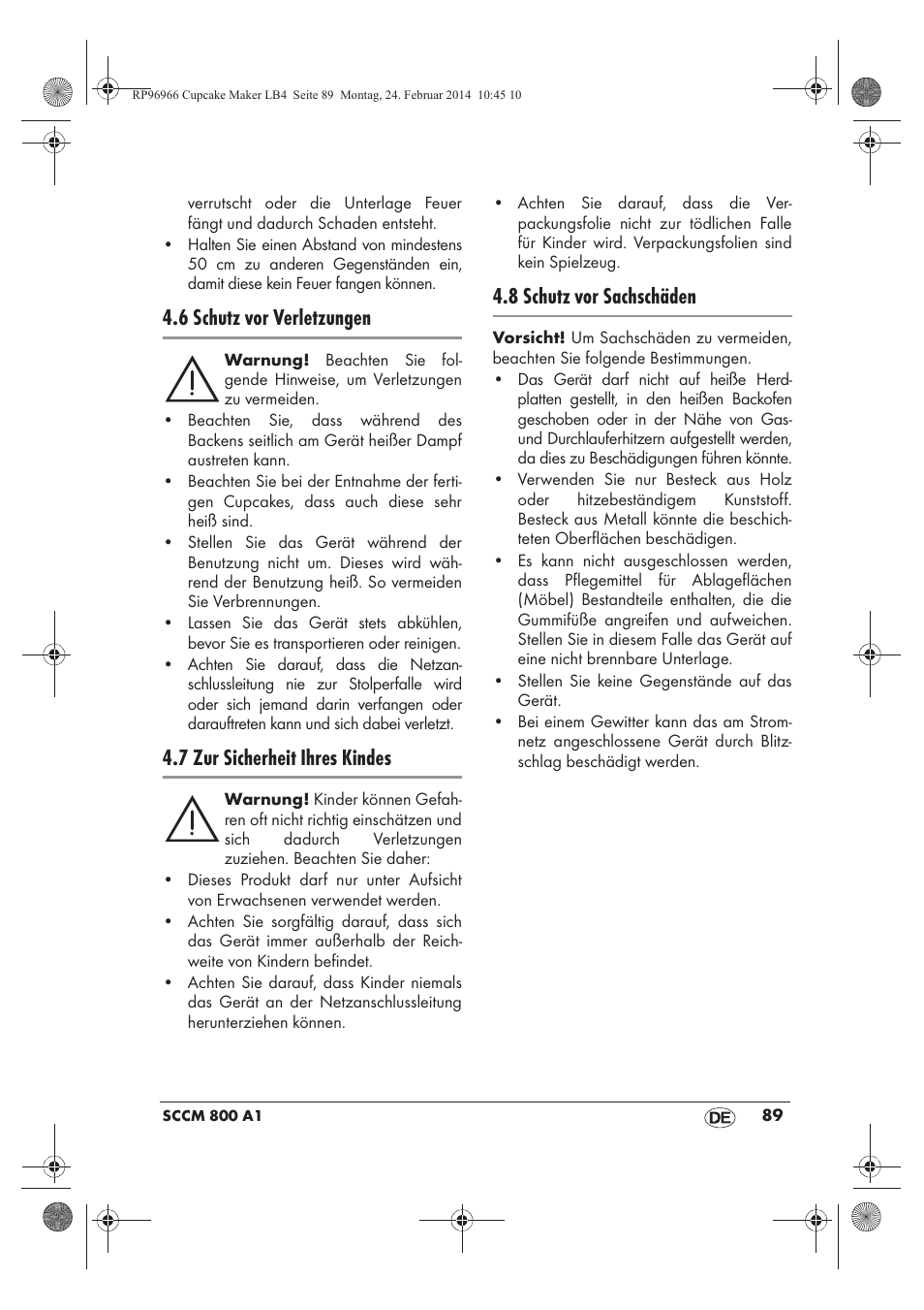 6 schutz vor verletzungen, 7 zur sicherheit ihres kindes, 8 schutz vor sachschäden | Silvercrest SCCM 800 A1 User Manual | Page 91 / 102