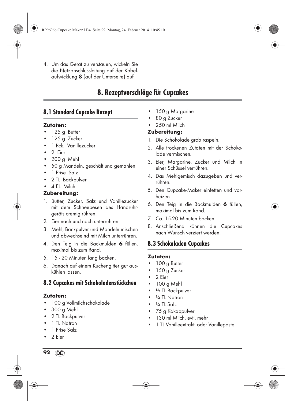 Rezeptvorschläge für cupcakes, 1 standard cupcake rezept, 2 cupcakes mit schokoladenstückchen | 3 schokoladen cupcakes | Silvercrest SCCM 800 A1 User Manual | Page 94 / 102