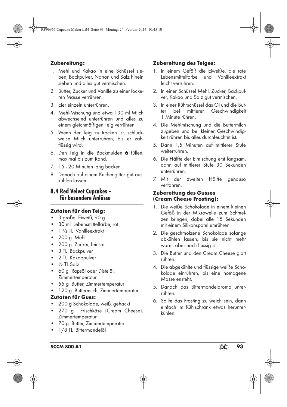 4 red velvet cupcakes – für besondere anlässe | Silvercrest SCCM 800 A1 User Manual | Page 95 / 102