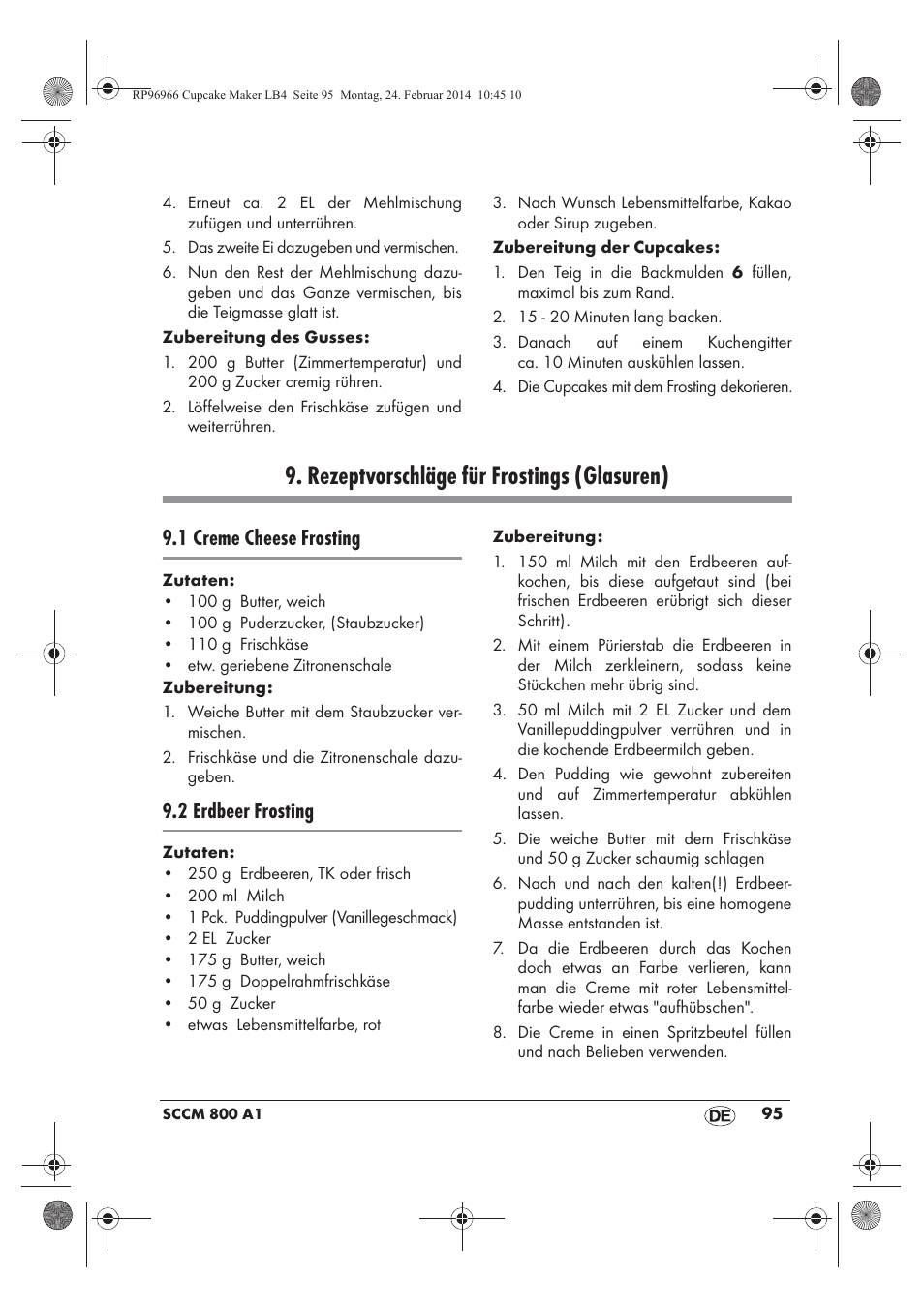 Rezeptvorschläge für frostings (glasuren), 1 creme cheese frosting, 2 erdbeer frosting | Silvercrest SCCM 800 A1 User Manual | Page 97 / 102