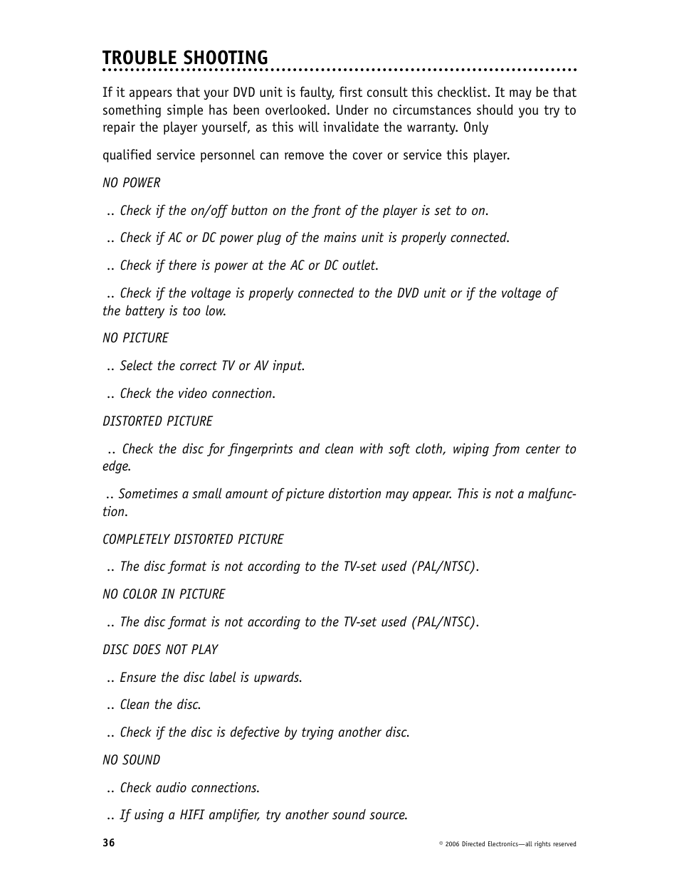 Trouble shooting | Directed Video DP1020 User Manual | Page 36 / 42