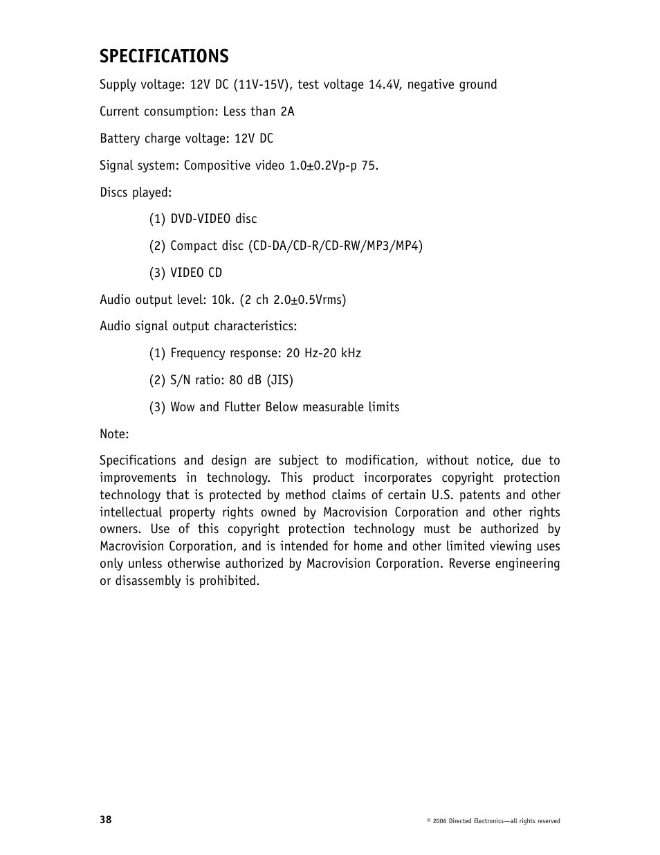 Specifications | Directed Video DP1020 User Manual | Page 38 / 42
