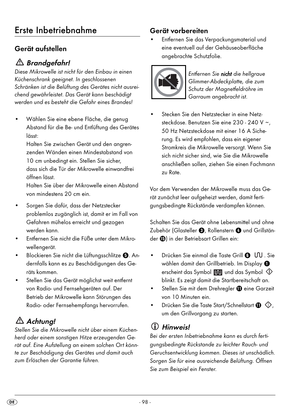 Erste inbetriebnahme, Gerät aufstellen brandgefahr, Achtung | Gerät vorbereiten, Hinweis | Silvercrest SMW 800 B2 User Manual | Page 101 / 113