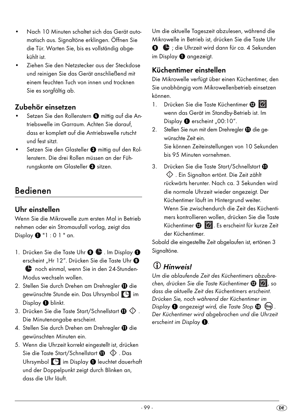Bedienen, Zubehör einsetzen, Uhr einstellen | Küchentimer einstellen, Hinweis | Silvercrest SMW 800 B2 User Manual | Page 102 / 113