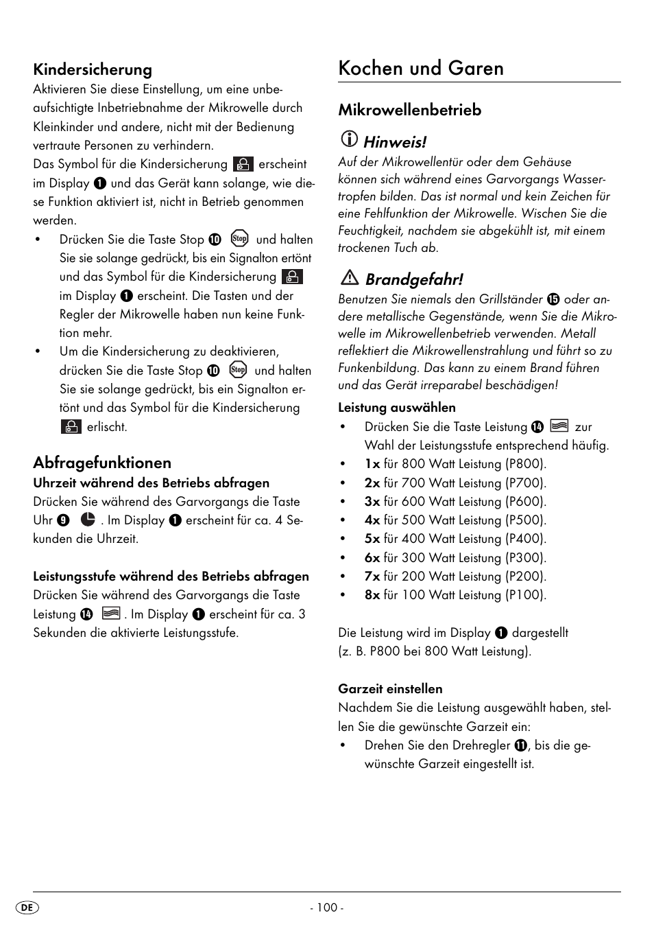 Kochen und garen, Kindersicherung, Abfragefunktionen | Mikrowellenbetrieb hinweis, Brandgefahr | Silvercrest SMW 800 B2 User Manual | Page 103 / 113