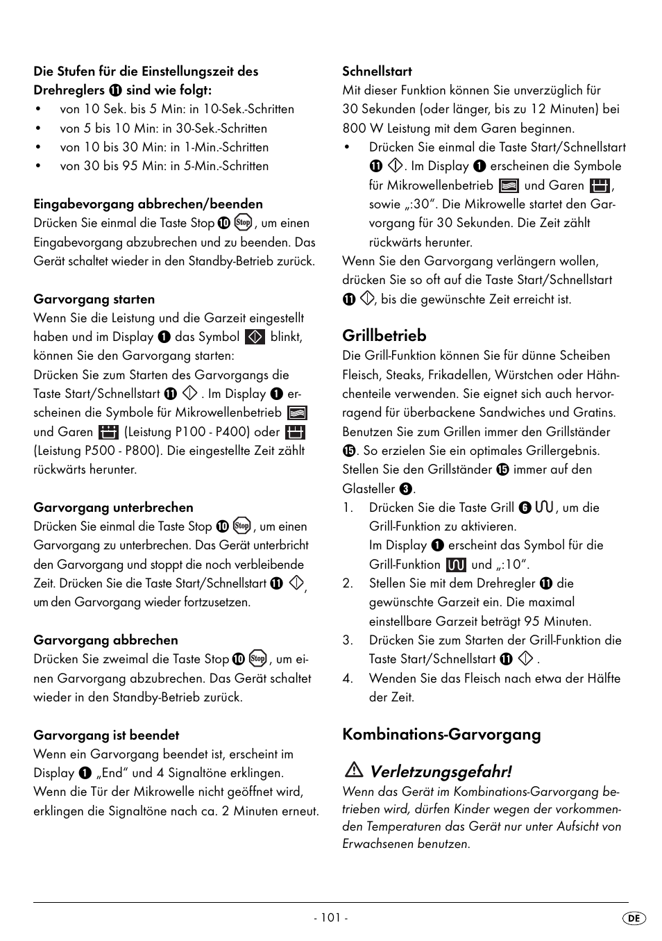 Grillbetrieb, Kombinations-garvorgang verletzungsgefahr | Silvercrest SMW 800 B2 User Manual | Page 104 / 113