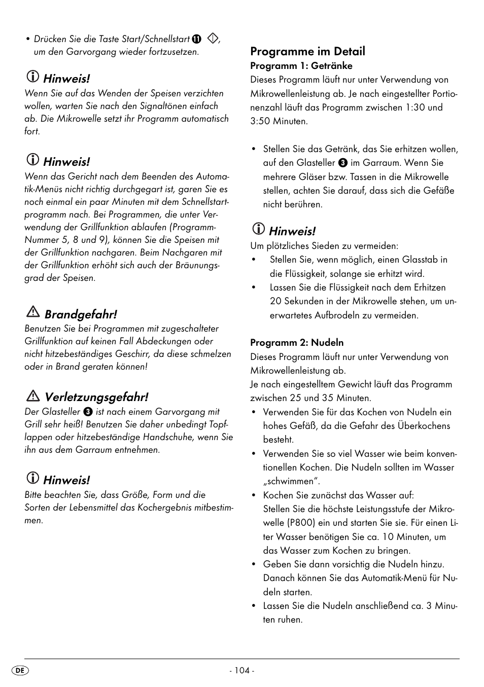 Hinweis, Brandgefahr, Verletzungsgefahr | Programme im detail | Silvercrest SMW 800 B2 User Manual | Page 107 / 113