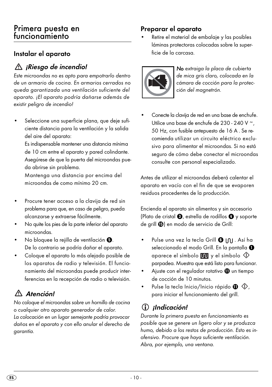 Primera puesta en funcionamiento, Instalar el aparato ¡riesgo de incendio, Atención | Preparar el aparato, Indicación | Silvercrest SMW 800 B2 User Manual | Page 13 / 113
