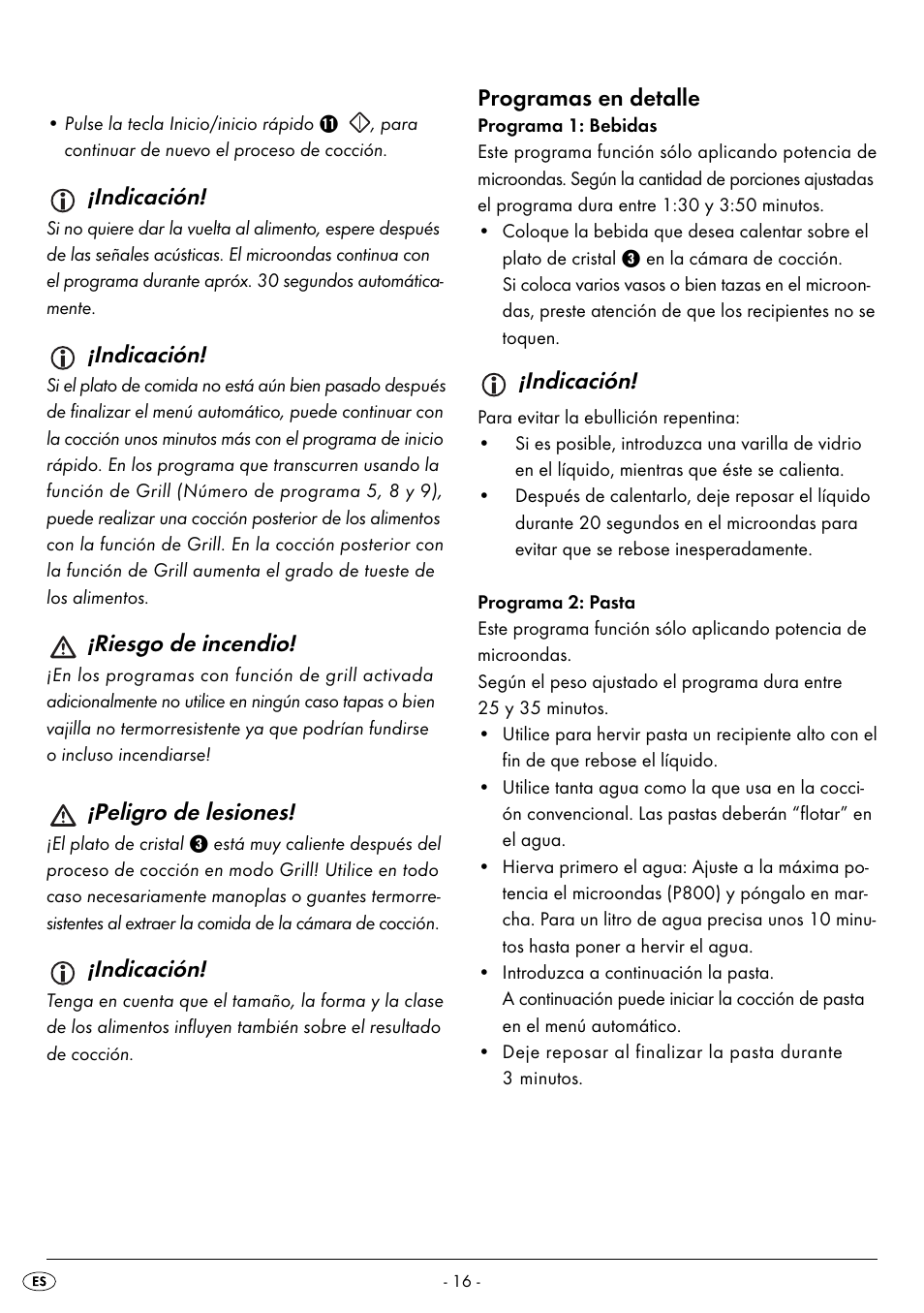 Indicación, Riesgo de incendio, Peligro de lesiones | Programas en detalle | Silvercrest SMW 800 B2 User Manual | Page 19 / 113