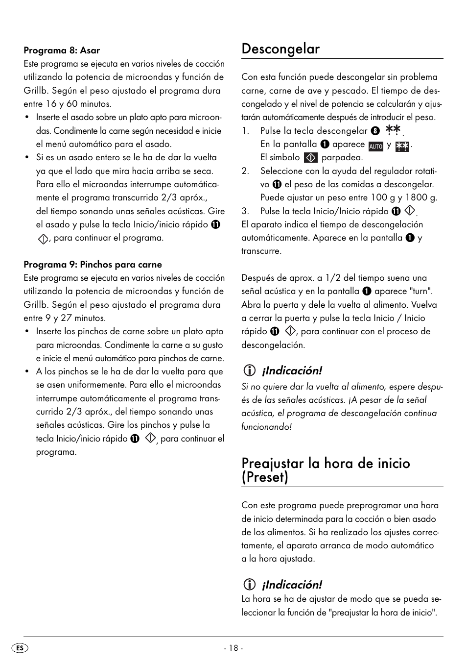 Descongelar, Preajustar la hora de inicio (preset), Indicación | Silvercrest SMW 800 B2 User Manual | Page 21 / 113