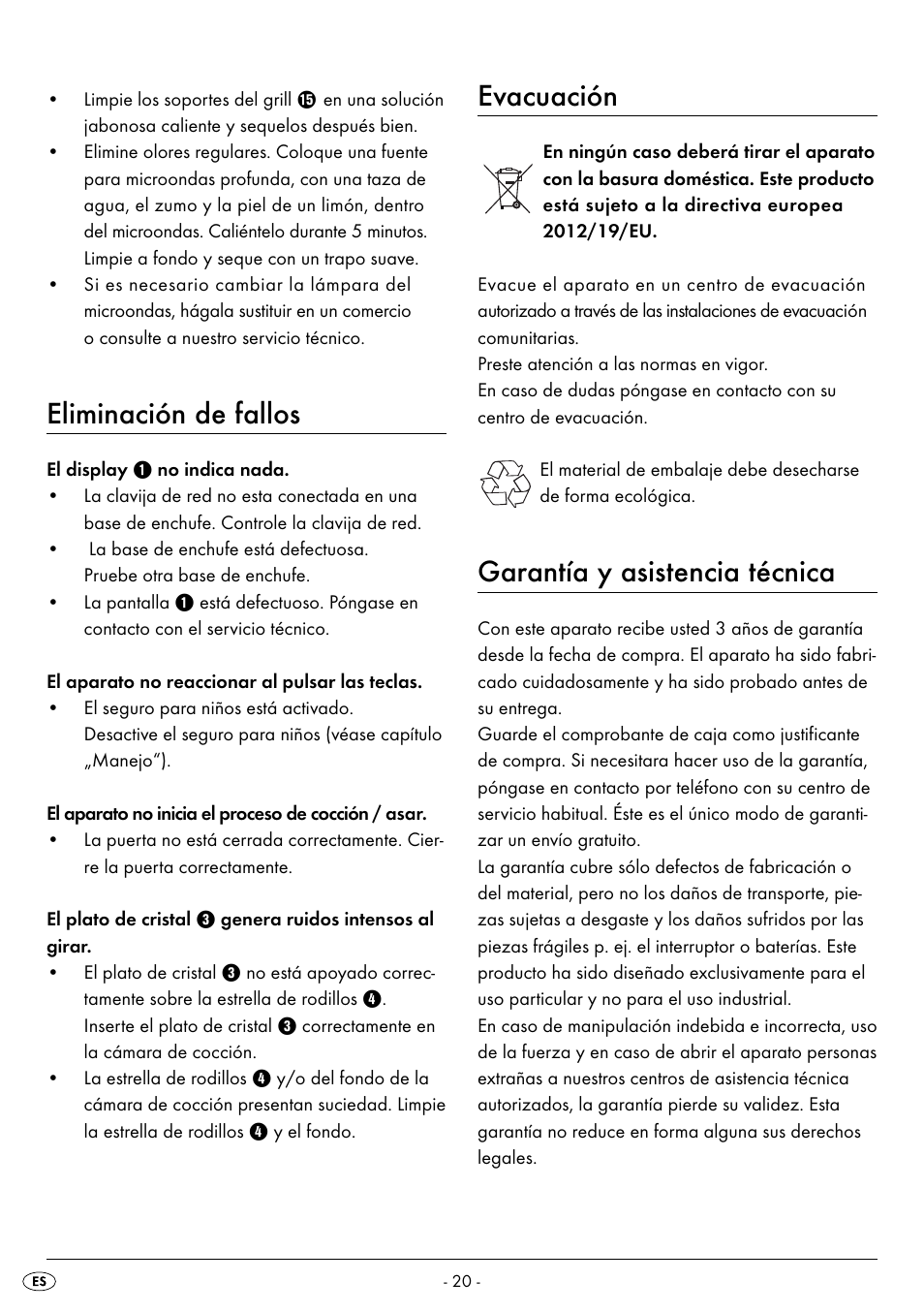Eliminación de fallos, Evacuación, Garantía y asistencia técnica | Silvercrest SMW 800 B2 User Manual | Page 23 / 113