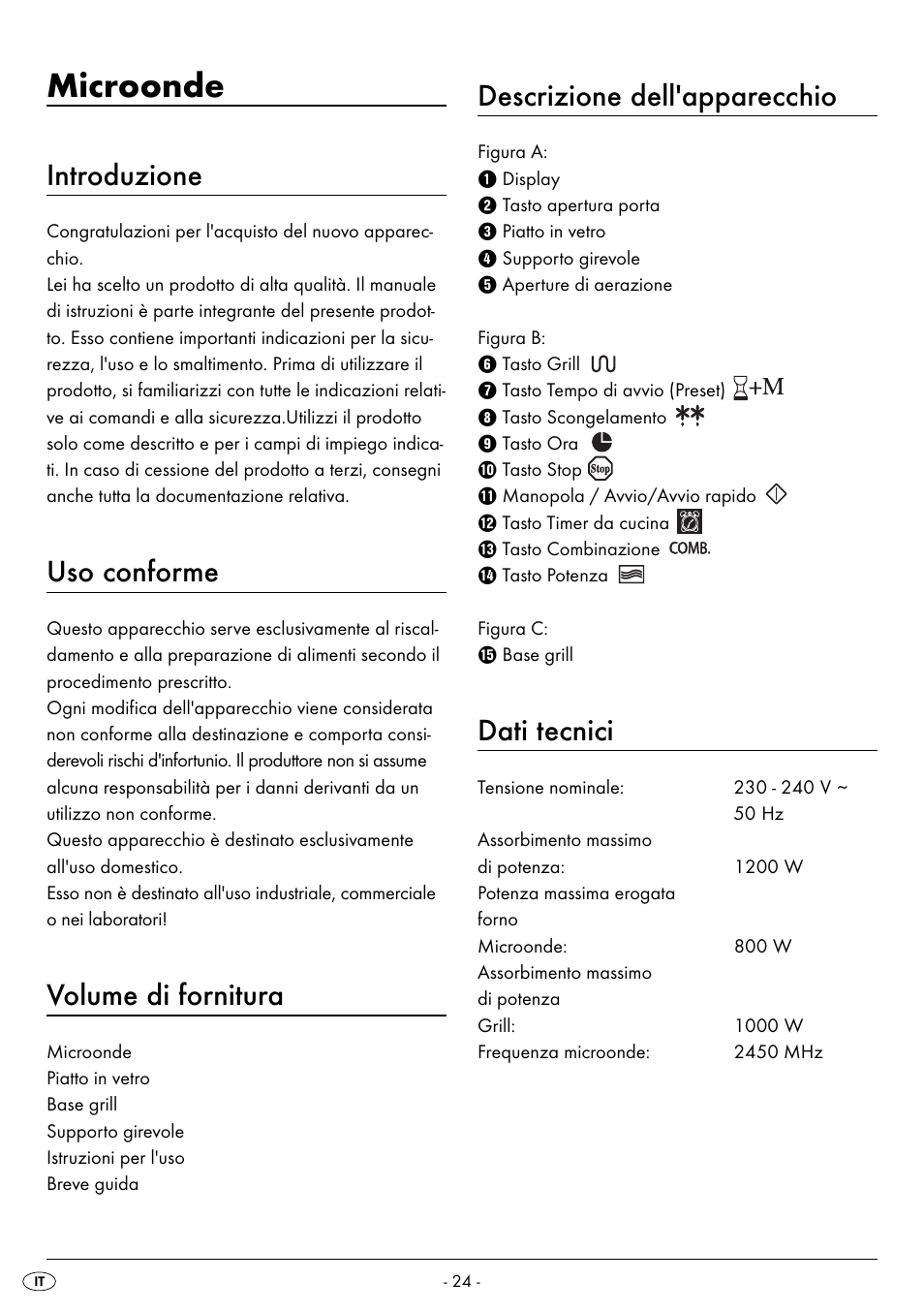 Microonde, Introduzione, Uso conforme | Volume di fornitura, Descrizione dell'apparecchio, Dati tecnici | Silvercrest SMW 800 B2 User Manual | Page 27 / 113