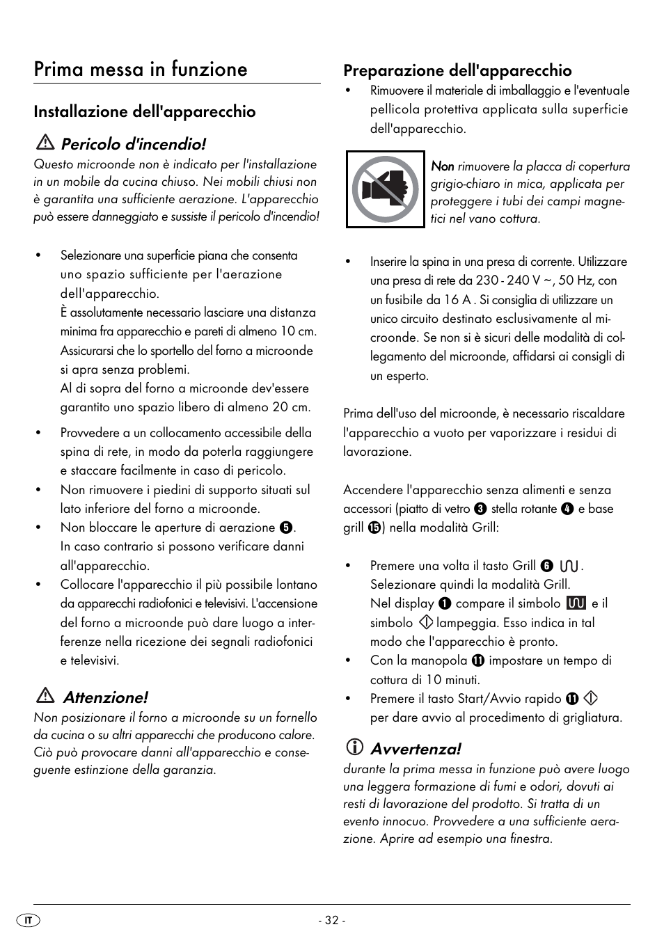 Prima messa in funzione, Installazione dell'apparecchio pericolo d'incendio, Attenzione | Preparazione dell'apparecchio, Avvertenza | Silvercrest SMW 800 B2 User Manual | Page 35 / 113