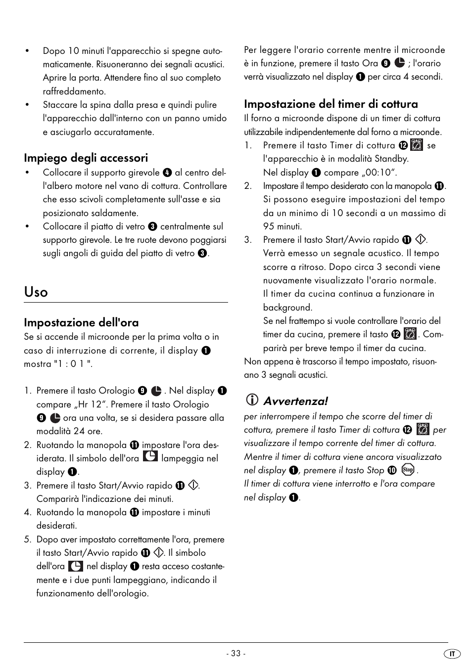Impiego degli accessori, Impostazione dell'ora, Impostazione del timer di cottura | Avvertenza | Silvercrest SMW 800 B2 User Manual | Page 36 / 113