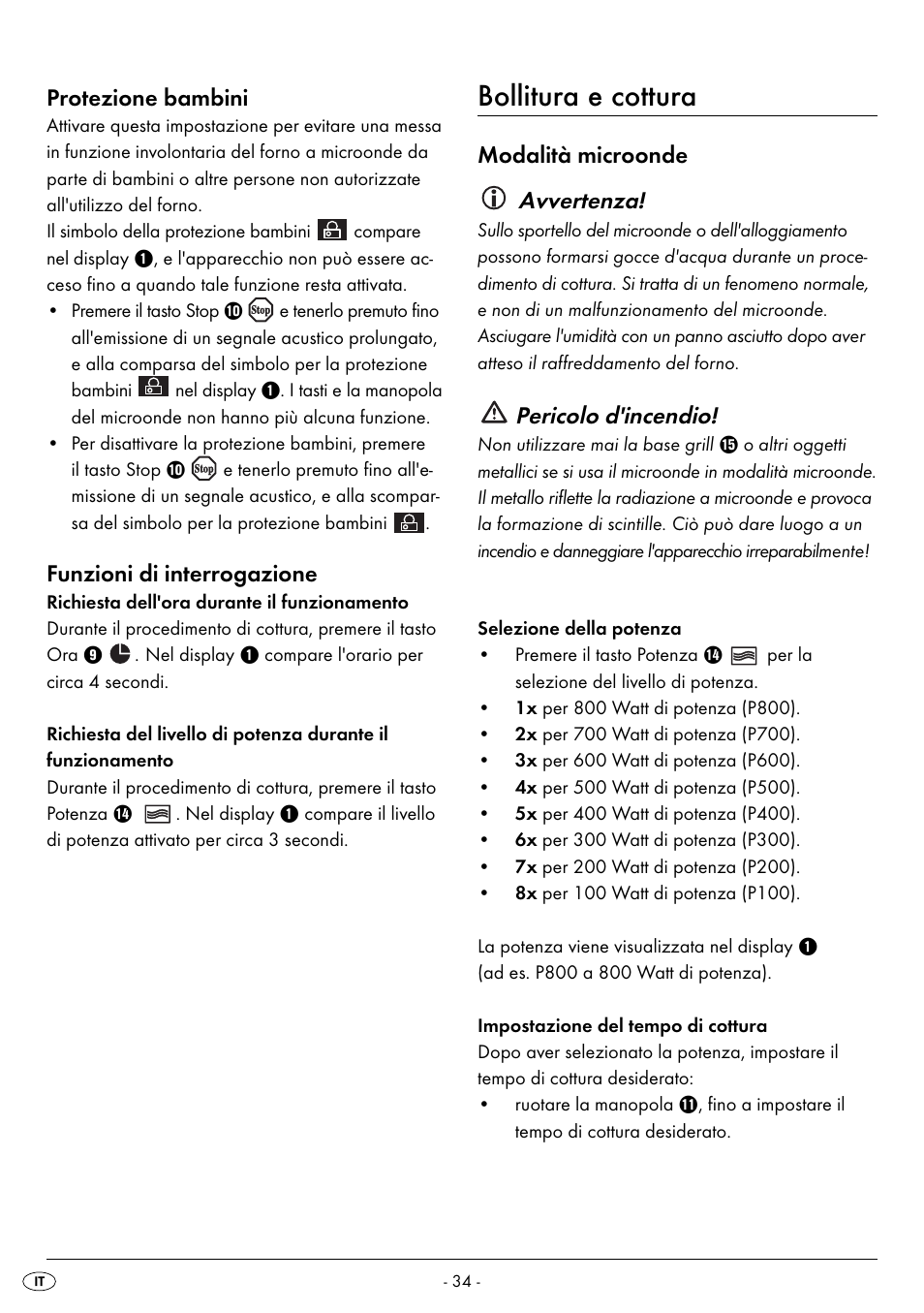 Bollitura e cottura, Protezione bambini, Funzioni di interrogazione | Modalità microonde avvertenza, Pericolo d'incendio | Silvercrest SMW 800 B2 User Manual | Page 37 / 113