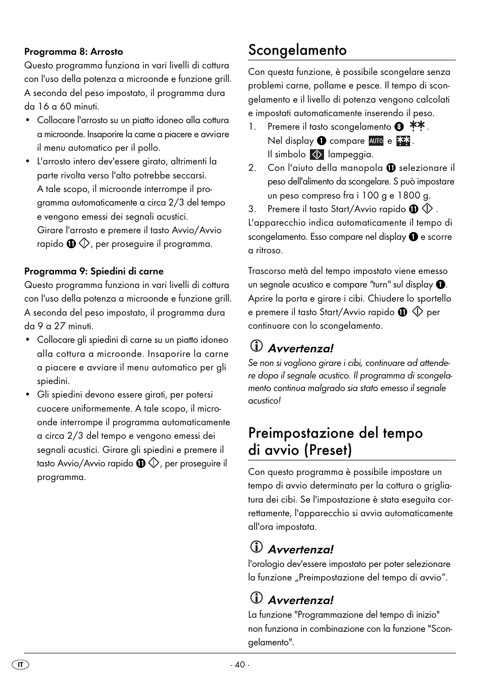 Scongelamento, Preimpostazione del tempo di avvio (preset), Avvertenza | Silvercrest SMW 800 B2 User Manual | Page 43 / 113