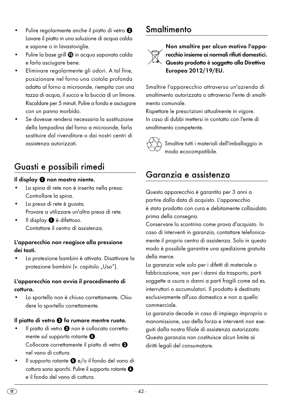 Guasti e possibili rimedi, Smaltimento, Garanzia e assistenza | Silvercrest SMW 800 B2 User Manual | Page 45 / 113