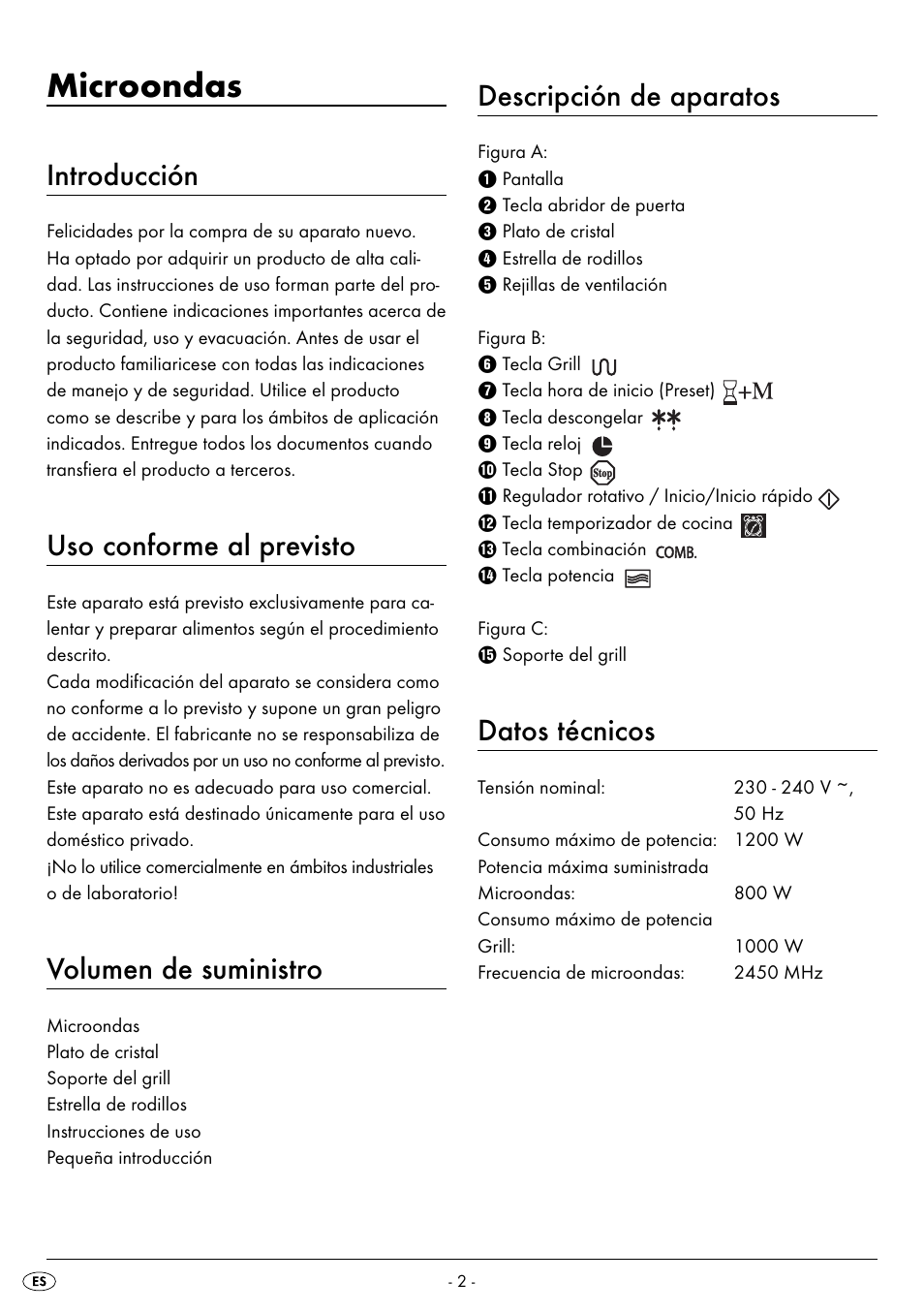 Microondas, Introducción, Uso conforme al previsto | Volumen de suministro, Descripción de aparatos, Datos técnicos | Silvercrest SMW 800 B2 User Manual | Page 5 / 113