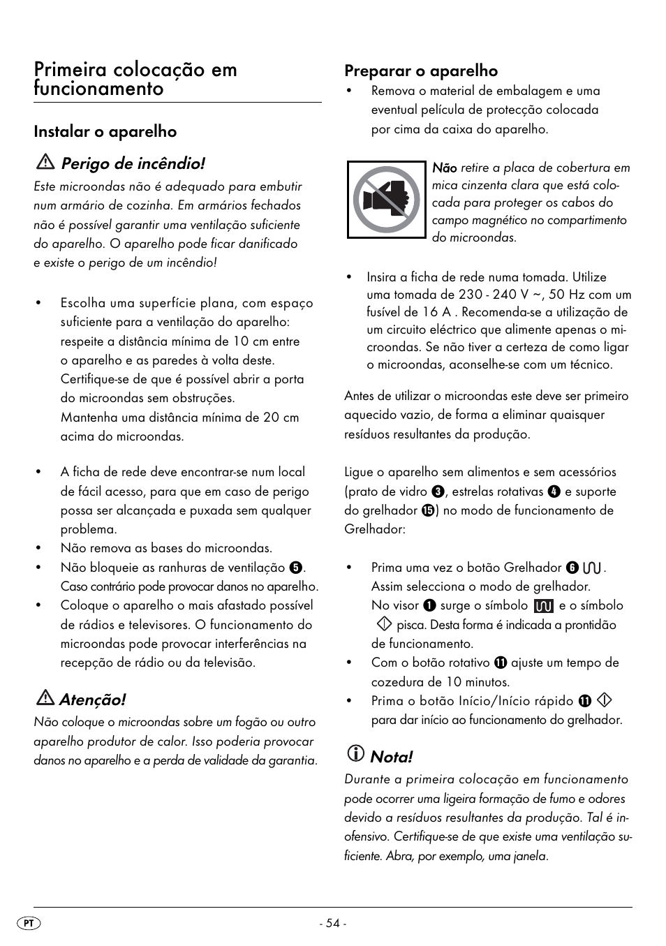 Primeira colocação em funcionamento, Instalar o aparelho perigo de incêndio, Atenção | Preparar o aparelho, Nota | Silvercrest SMW 800 B2 User Manual | Page 57 / 113