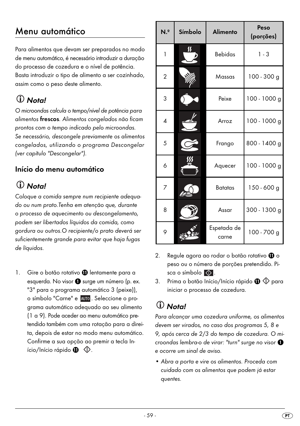 Menu automático, Nota, Início do menu automático nota | Silvercrest SMW 800 B2 User Manual | Page 62 / 113