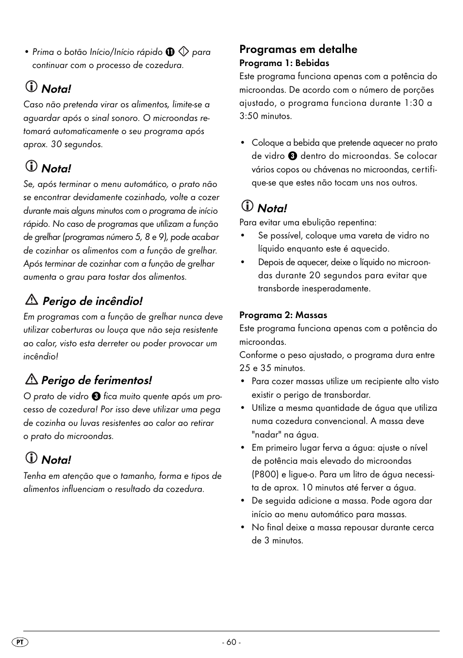 Nota, Perigo de incêndio, Perigo de ferimentos | Programas em detalhe | Silvercrest SMW 800 B2 User Manual | Page 63 / 113