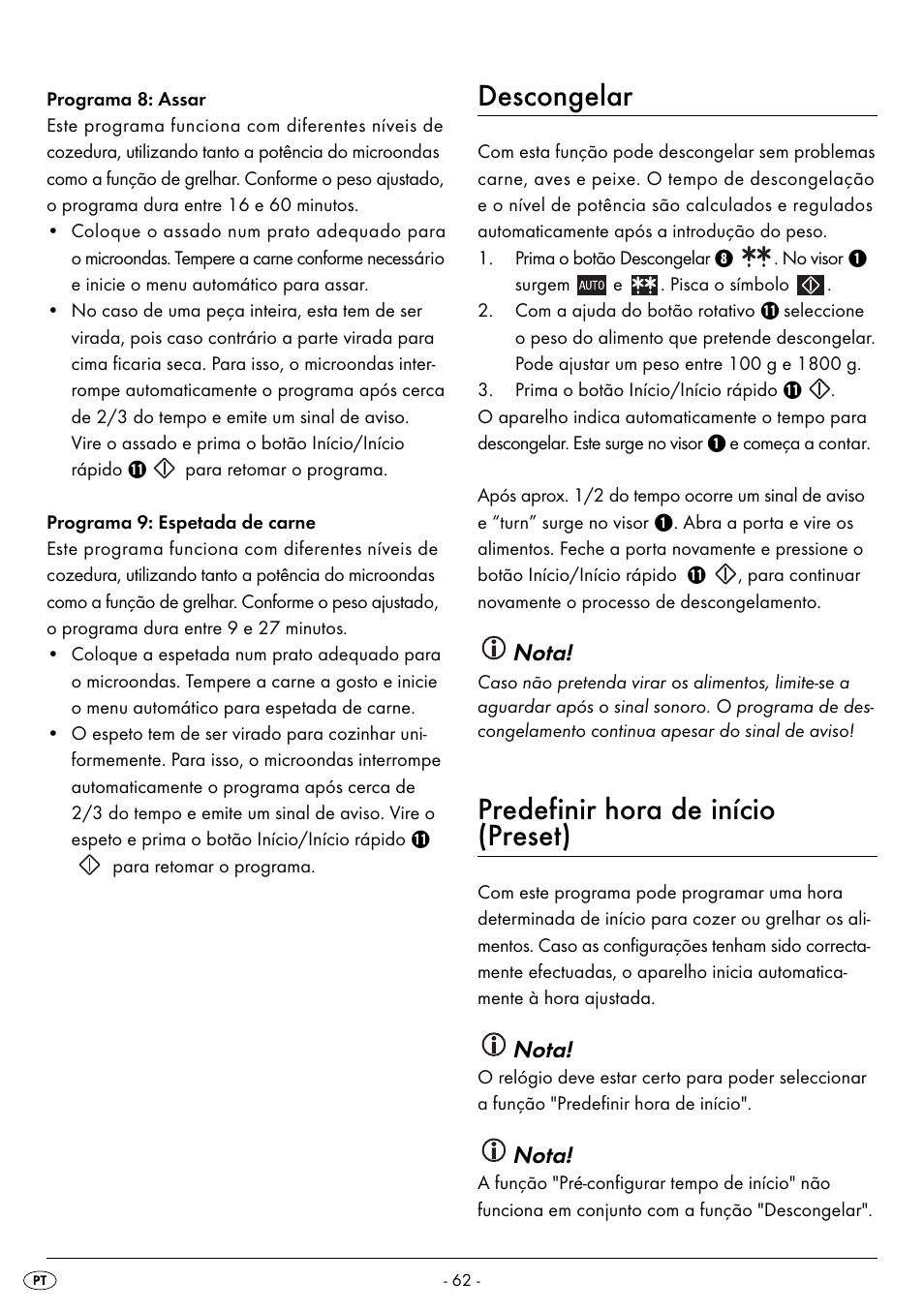 Descongelar, Predefinir hora de início (preset), Nota | Silvercrest SMW 800 B2 User Manual | Page 65 / 113