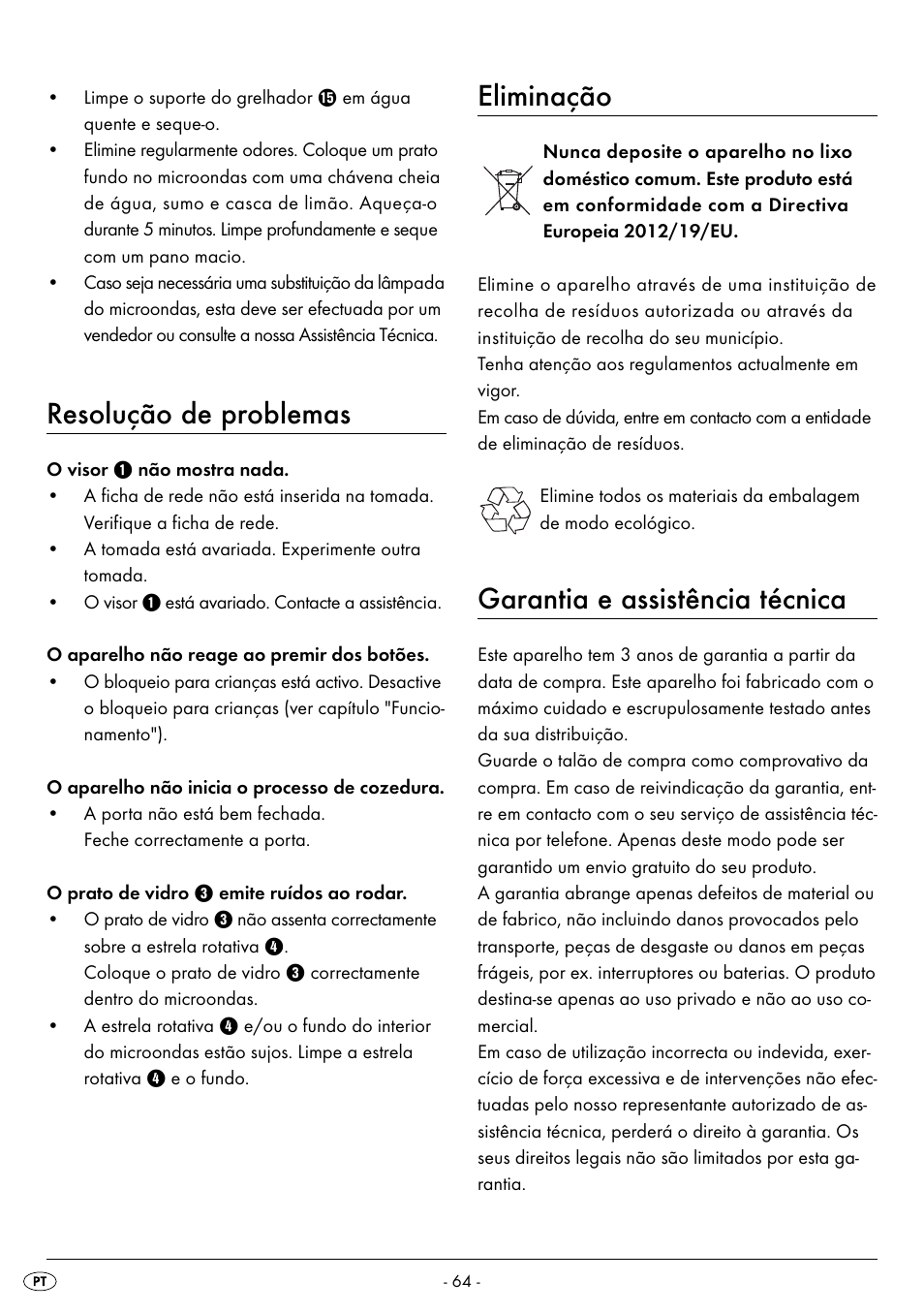 Resolução de problemas, Eliminação, Garantia e assistência técnica | Silvercrest SMW 800 B2 User Manual | Page 67 / 113