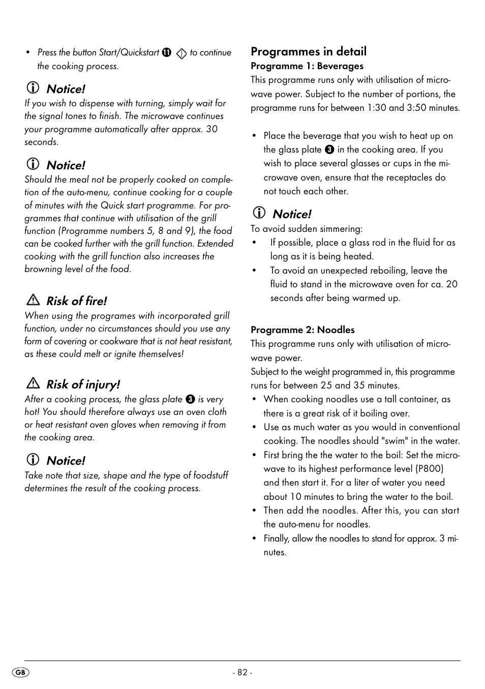 Notice, Risk of fire, Risk of injury | Programmes in detail | Silvercrest SMW 800 B2 User Manual | Page 85 / 113