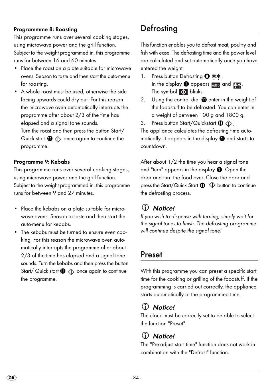 Defrosting, Preset, Notice | Silvercrest SMW 800 B2 User Manual | Page 87 / 113