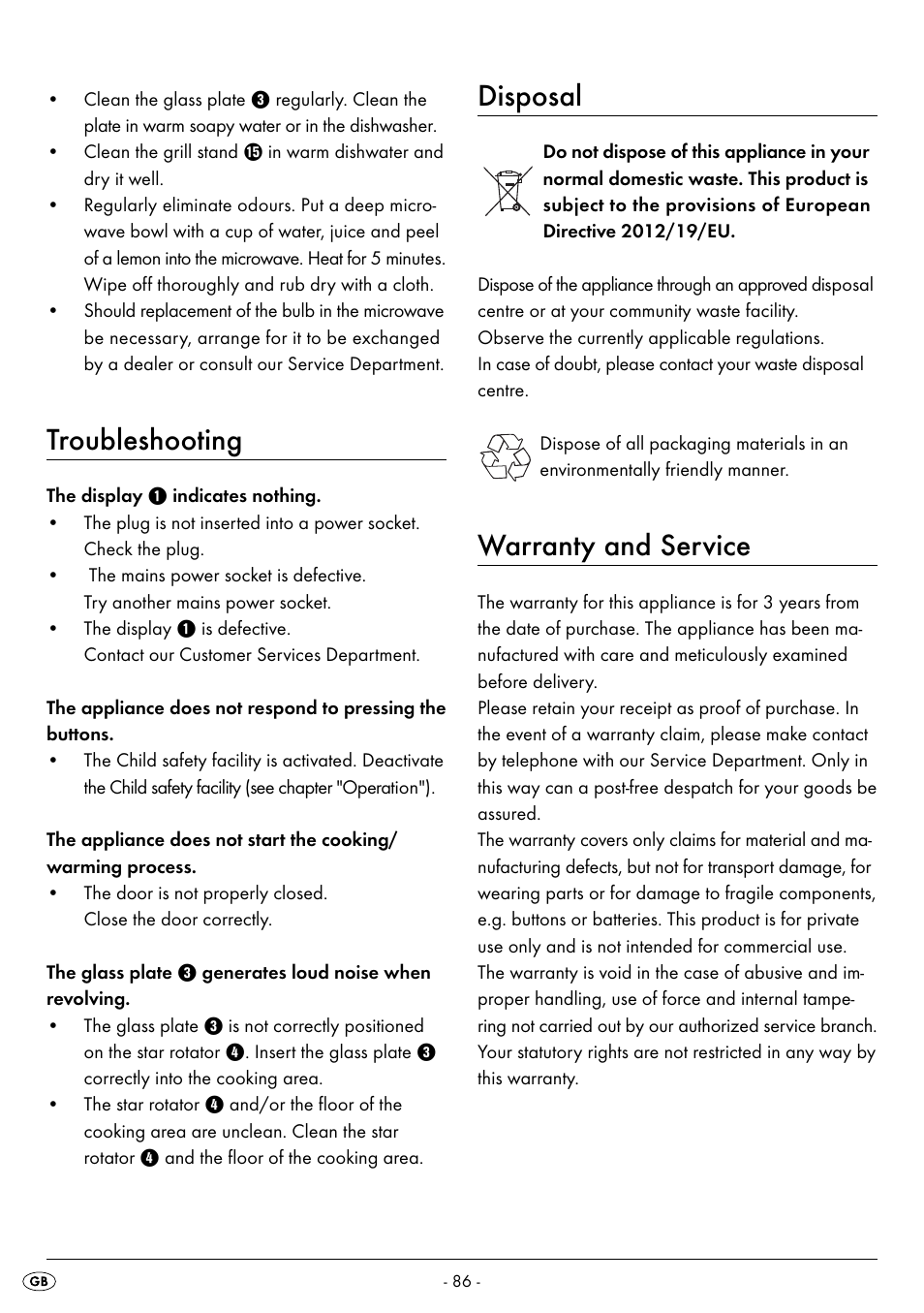 Troubleshooting, Disposal, Warranty and service | Silvercrest SMW 800 B2 User Manual | Page 89 / 113