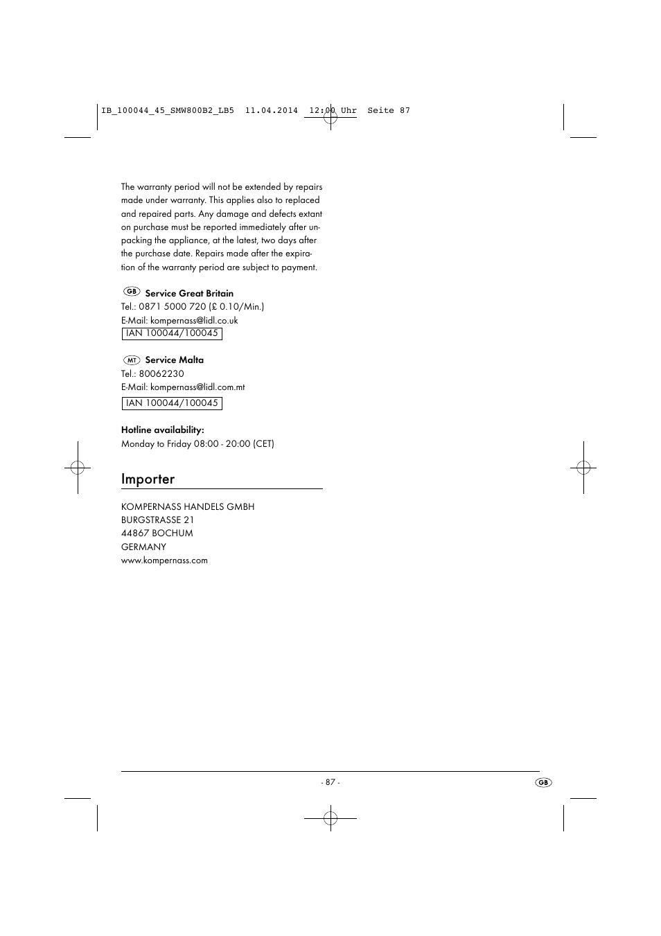 Importer | Silvercrest SMW 800 B2 User Manual | Page 90 / 113