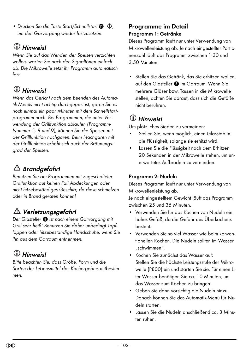 Hinweis, Brandgefahr, Verletzungsgefahr | Programme im detail | Silvercrest SMW 800 B2 User Manual | Page 105 / 111